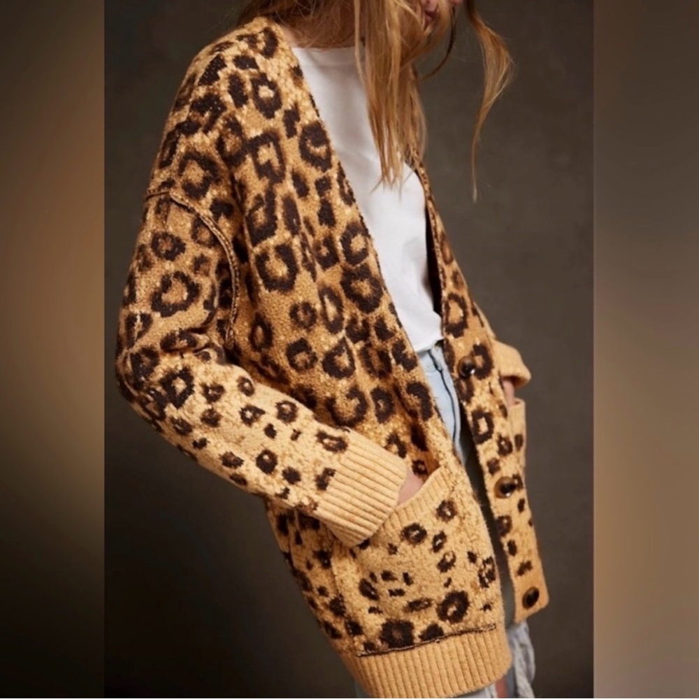 Free People Leopard Pattern Cardigan in Tan and Brown